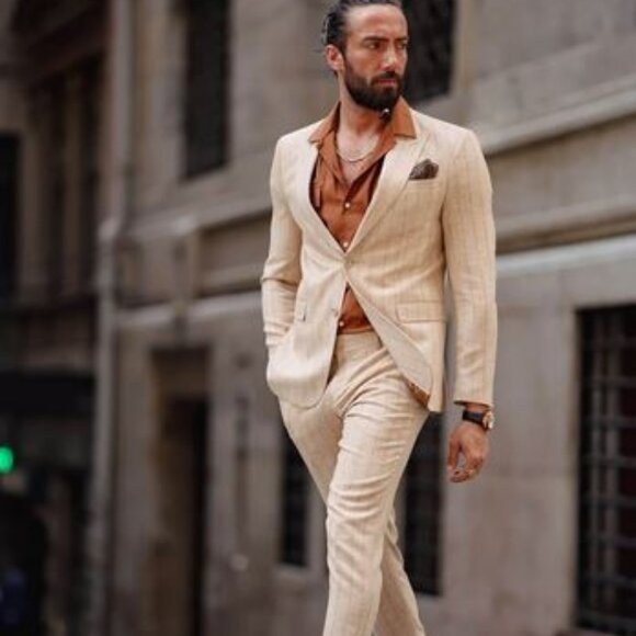 Italian Soft Men’s Linen Blend Beige Striped Event Casual Suit Size 44T/Medium - Picture 2 of 10